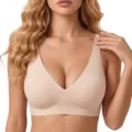 Naadloze beugelloze nude bh, comfortabele V-hals push-up ontwerp voor dagelijks gebruik en sport - S / Huidskleur