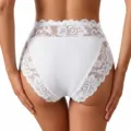 Women's white mid-waist briefs with delicate floral lace trim and breathable fabric. - S / White