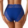 Women's sexy lace mid-waist briefs, breathable milk silk fabric, royal blue underwear. - Dark Blue