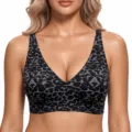 Leopard print seamless wireless bra, soft support deep V comfortable daily undergarment for women. - Black Leopard Print