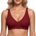 Comfortable wine red wireless seamless bra for women daily wear, supportive V-neck design. - Red