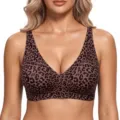 Women Plus Size Leopard Print Seamless Bra Soft Support V-Neck Breathable Daily Underwear - Grey Purple Leopard