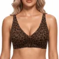 Women's leopard print seamless wireless bra with v-neck and soft support for daily wear. - Brown Leopard Print