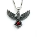 Retro stainless steel eagle pendant necklace with red gemstone for men and women vintage style. - Steel Color Red Rhinestone Style (09705) / With Chain