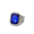 Vintage stainless steel men ring with grid pattern and large blue faceted glass stone jewelry - Size 7 / Vintage Plaid Pattern Style (09703) / Dark Blue