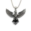 Retro stainless steel eagle gemstone pendant necklace for men and women with silver box chain. - Steel Color Black Rhinestone Style (09705) / With Chain