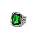 Vintage men's stainless steel green gemstone ring with detailed woven grid band design. - Size 7 / Vintage Plaid Pattern Style (09703) / Green