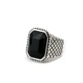 Vintage stainless steel men ring with black faceted stone and unique grid texture design. - Size 7 / Vintage Plaid Pattern Style (09703) / Black