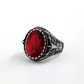 Vintage Men Stainless Steel Ring with Faceted Red Glass Stone and Wing Carved Design - Size 7 / Steel Red Gemstone