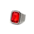 Vintage stainless steel men's ring with red rectangular glass stone and woven pattern. - Red