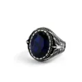 Vintage Stainless Steel Men's Ring Featuring Dark Blue Multi-Faceted Glass Stone Jewelry - Size 7 / Steel Blue