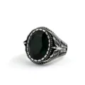Vintage stainless steel men's ring featuring a dark green multi-faceted stone and wing details. - Steel Green