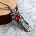 Vintage stainless steel men feather pendant necklace with red gemstone for daily retro style. - Pendant Only (Without Chain) (07611) / Steel Red Ruby