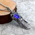 Vintage Stainless Steel Feather Pendant Necklace with Blue Stone for Men Fashion Jewelry - Pendant Only (Without Chain) (07611) / Steel Blue Sapphire