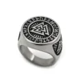 Vintage stainless steel ring for men featuring Viking Valknut and Norse runic symbols. - Silver Tone (06207) / Size 9