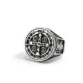 Vintage Stainless Steel St. Benedict Cross Mens Ring Retro Religious Exorcism Jewelry - Size 9 / Steel