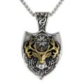 Men stainless steel Viking compass deer head pendant necklace retro titanium steel jewelry - With Chain / 60CM / Two-Tone Gold and Silver