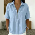 Light blue short sleeve zipper shirt detail, casual v-neck top with front pockets and collar. - Sky Blue