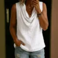 Women casual sleeveless white cowl neck tank top summer fashion loose linen shirt detail view - S / Tops / White