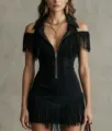 Detailed shot of black suede fringe cold-shoulder mini dress with front zipper. Y2K style. - S / Dresses / Black