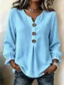 Women casual waffle knit long sleeve V-neck blouse with decorative wooden buttons chic top - Sky Blue