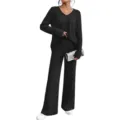 Ribbed knit two-piece loungewear set featuring a v-neck long sleeve top and wide leg pants. - S / Top And Bottom / Black
