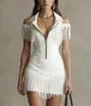 White Y2K cold shoulder fringe dress western style slim mini dress detailed closeup - S / Dresses / White