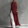 Sleeveless contrast pocket casual maxi dress for women summer chic elegant apparel. - Burgundy
