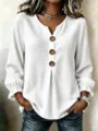 Women casual waffle knit long sleeve V-neck blouse with decorative buttons stylish top - S / Tops / White