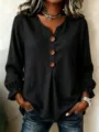 Detailed view of the women's waffle knit long sleeve top with V-neck and decorative buttons. - S / Tops / Black