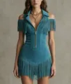 Detail shot of the Y2K vintage suede fringe off-shoulder dress, showing front zipper. - S / Dresses / Teal
