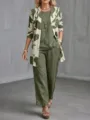 Casual Elegant Women's Fashion Woven Three-Piece Set Cardigan Vest Trousers Outfit - Army Green