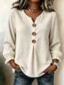 Waffle knit long sleeve V neck button casual blouse for women autumn fashion chic daily wear. - S / Tops / Apricot