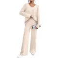 Casual knit ribbed V-neck long sleeve top and wide leg pants loungewear set for women. - S / Top And Bottom / Apricot