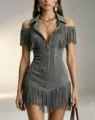Grey suede fringe off-shoulder mini dress, Y2K vintage western style detailed showcase. - S / Dresses / Gray