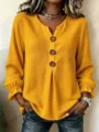 Women's V-neck waffle knit long sleeve blouse with buttons and ruffle cuffs, casual top. - S / Tops / Yellow