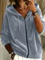 Women solid color velvet drawstring hooded zip up long sleeve sweatshirt casual grey top - Blue Gray