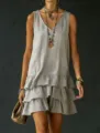 Detailed view of casual solid color sleeveless ruffle mini dress with V-neck and tiered hem. - S / Dresses / Gray