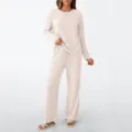 Γυναικείο πλεκτό σετ loungewear μακρυμάνικο τοπ φαρδύ παντελόνι casual σετ δύο τεμαχίων - S / Τοπ και Παντελόνι / Βερικοκί