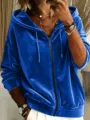 Sweat-shirt à capuche zippé en velours bleu décontracté pour femme avec cordon de serrage. - S / Bleu Royal