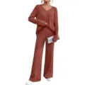 Ribbed textured V-neck long sleeve top and wide leg pants lounge set detail view. - S / Top And Bottom / Orange Red
