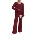 Burgundy ribbed two-piece loungewear set featuring a V-neck long-sleeve top and wide-leg pants. - Burgundy