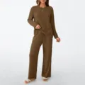 Detailed view of women's brown ribbed knit long sleeve lounge set with comfortable wide pants. - Dark Brown