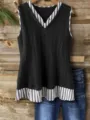 Mujer casual tejido cuello V sin mangas chaleco a rayas empalme parte superior - S / Tops / Negro