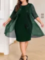 Plus size dark green solid color mesh fashion comfortable casual party dress two piece set - Green
