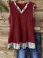 Top de punto sin mangas con cuello en V casual de mujer con dobladillo a rayas. - S / Tops / Burdeos