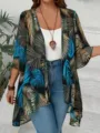 Detailed view of the summer tropical print chiffon cardigan, lightweight vacation beachwear style. - S / Tops / Black