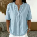 Casual solid color V-neck button loose short sleeve pullover shirt for women summer daily wear - S / Tops / Sky Blue
