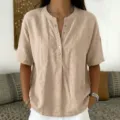 Detailed view of casual V-neck button short-sleeve solid color loose linen blouse top. - Khaki