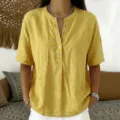 Women Summer Casual Solid Color V-Neck Short Sleeve Loose Button Henley Linen Blouse Top - Yellow